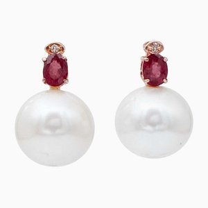 Boucles d'Oreilles en Or Rose 14 Carats avec Rubis, Diamants et Perles, Set de 2