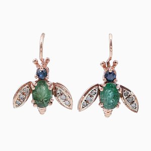 Rose Gold and Silver Earrings with Emeralds, Sapphires and Diamonds, Set of 2