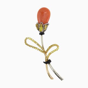 White and Rose Gold Tulip Brooch with Diamonds, Sapphires, Topazes, Onyx and Coral