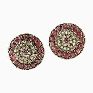 Rubies and Diamonds Rose Gold and Silver Clip-on Earrings, Set of 2