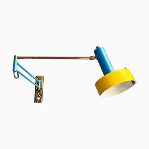 Mid-Century Modern Italian Brass and Colored Metal Adjustable Arm Lamp, 1950s