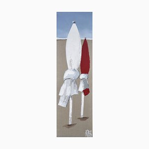 Michèle Kaus, Sombrillas de playa: blanco, borgoña, 2021, acrílico sobre lienzo