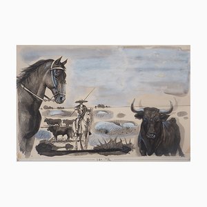 Pierre-Yves Tremois, Manade in the Camargue, 1959, Original Watercolor