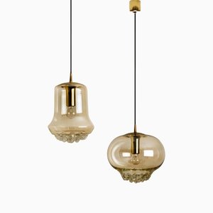 Smoked Brown Glass & Brass Pendant Lights from Peill & Putzler, 1960s, Set of 2