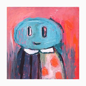 Natalia Roman, Abstract Expressionist Emoji of Blue Face on Pink, 2022, Oil on Linen
