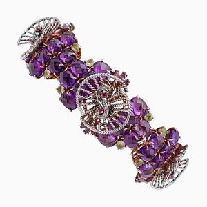 9 Karat Rose Gold and Silver Bracelet with Hydrothermal Amethysts, Rubies, Peridots and Diamonds