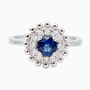 Bague Solitaire de Fiançailles en Or Blanc 18 Carats avec Saphir Bleu et Diamants