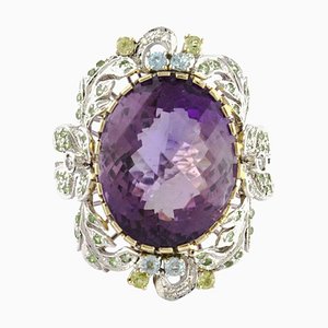 Rose and White Gold Flower Ring with Topaz, Diamonds and Amethyst