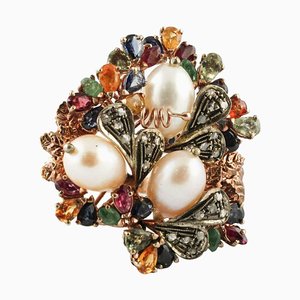 Bague en Or Rose et Argent avec Diamants, Rubis, Émeraudes, Saphirs Multicolores et Perles