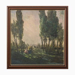 Dame classiche in un paesaggio, XX secolo, Olio su tela, con cornice