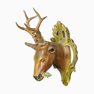 Antique Black Forest Carved Wood Deer Head, 1850s
