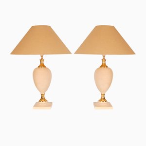 Lampade da tavolo Hollywood Regency Mid-Century in ottone dorato e beige, anni '70, set di 2