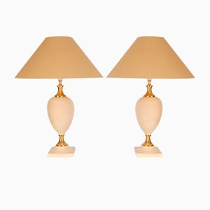 Mid-Century Hollywood Regency Gold Brass & Beige Table Lamps, 1970s, Set of 2