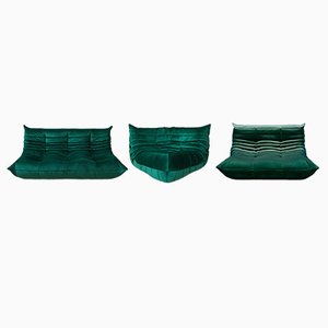 Flaschengrüner Togo Ecksessel aus Samt, 2-, 3-Sitzer Sofa von Michel Ducaroy für Ligne Roset, 3er Set