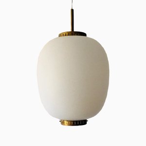 Danish Opaline and Brass Kina Suspension Lamp by Bent Karlby for Lyfa, 1950s