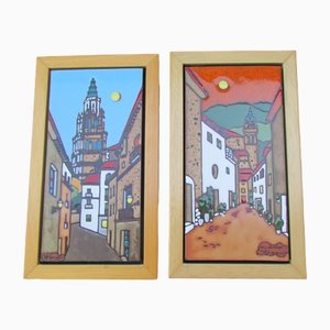 Enameled Earthenware Panels in Frames by Guillermo Saint Germier, Set of 2