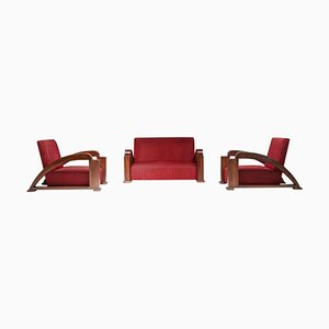 Art Deco French Red Stripped Velvet Living Room Sofa and Armchairs, Set of 3