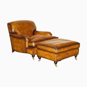 Leather Armchair and Ottoman by George Smith for Howard & Sons, Set of 2