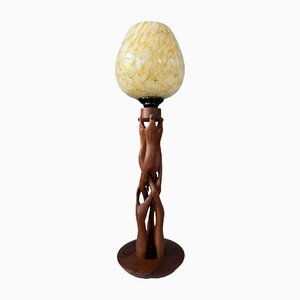 Art Deco Hand-Carved Wooden Table Lamp
