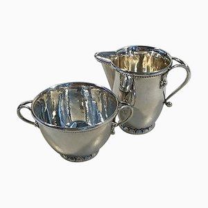 Sterling Silver Sugar Bowl No 32 and Creamer No 32a by Georg Jensen for Royal Copenhagen