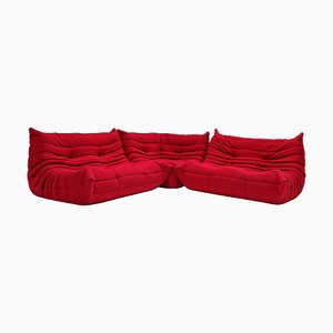 Canapé d'Angle Togo Modulable en Alcantara Rouge par Michel Ducaroy pour Ligne Roset, Set de 3