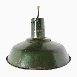 Lampada a sospensione vintage industriale smaltata verde scuro, anni '60