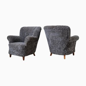 Mid-Century Armchairs in Sheepskin Shearling Sweden, 1940s, Set of 2