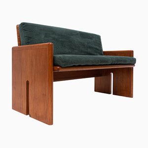 Mid-Century Italian Two Seaters Sofa in Wood and Green Velvet, 1960s