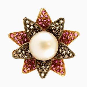 14 Karat Rose Gold and Silver Flower Ring with Large Pearl, Diamonds and Rubies
