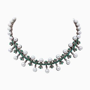 Halskette aus 9 Karat Roségold und Silber mit Diamanten, Smaragden und Perlen