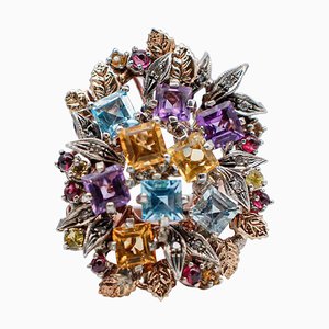 Ring aus 9 Karat Roségold und Silber mit Amethysten, Topasen, Granaten und Diamanten