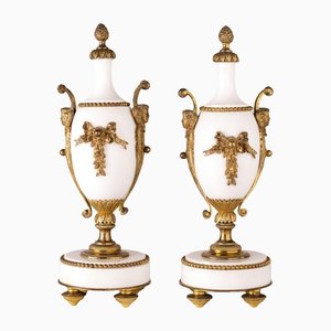 French Cassolettes Marble and Bronze Urns, Set of 2
