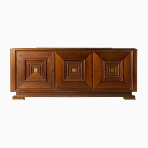 Art Deco Mahogany with Brass and Marble Sideboard in the Style of Maxime Old, France, 1940s