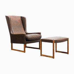 Leather & Rosewood Wing Chair with Stool by Rudolf Glatzel for Kill International, 1960s