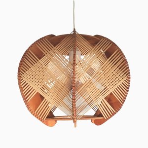 Mid-Century Portuguese Wood and Straw Wooden Hanging Lamp, 1960s