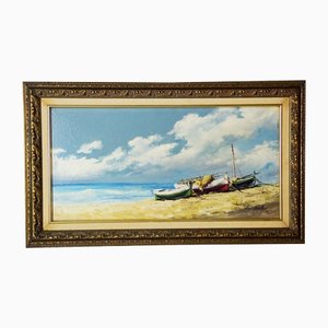 Francisco Vidaller, Fishing Boats on a Beach in Spain, 20th Century, Oil on Canvas, Framed