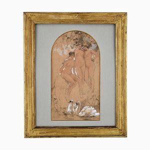 Herman Richir, Three Graces with Swans, 1900s, Gouache Drawing, Framed
