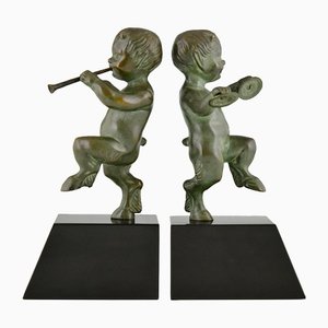 Art Deco Bronze Faun Buchstützen von Claude für Marcel Guillemard, 2er Set