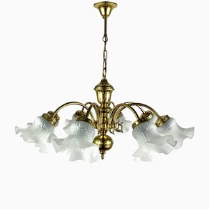 Large Vintage Flower-Shaped Gilt Brass and Frosted Glass Chandelier