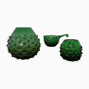 Italian Green Bubble Glass Vases & Bowl by Empoli, Set of 3, 1960s