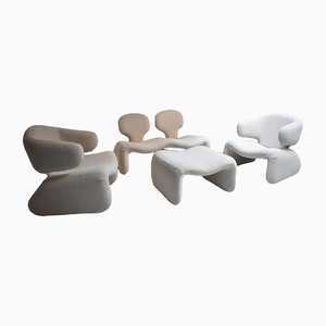 Sofa and Lounge Chairs in White Bouclè by Olivier Mourgue for Airborne, Set of 4