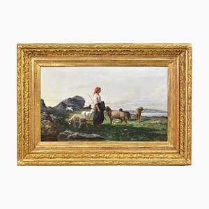 Landscape with Young Girl & Grazing Sheep, 19th Century, Oil on Canvas