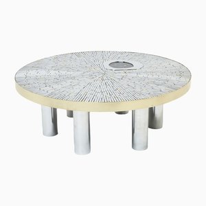 Chrome, Brass and Mosaic Coffee Table with Agate Stone Inlay by Georges Mathias, 1970