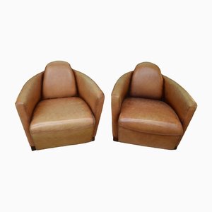 Art Deco Leather Club Chairs, Set of 2