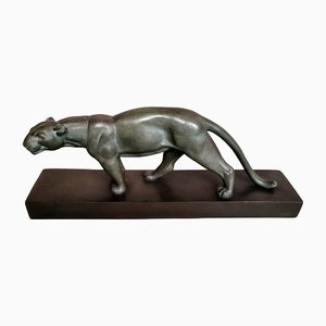 Art Deco Patinated Bronze Effect Panther in Ceramic with Base by A. Ouline
