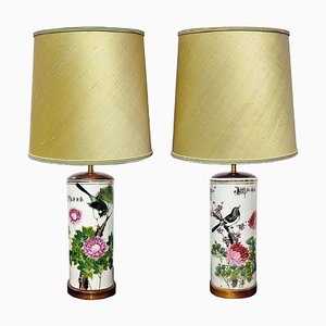 Vintage Chinese Porcelain Family-Rose Table Lamps with Bird and Flower Decoration, Set of 2
