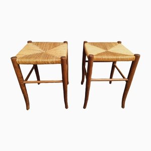 French Wooden Stools with Wicker Seat, Set of 2