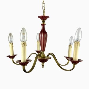 Lampadario in ottone dorato e ceramica bordeaux