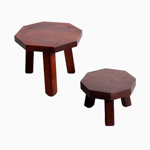 Brutalist Oak Hexagonic Side Tables in the Style of Charlotte Perriand, 1950s, Set of 2