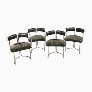 Steel & Black Leather Dining Chairs, Italy, 1950s, Set of 4
